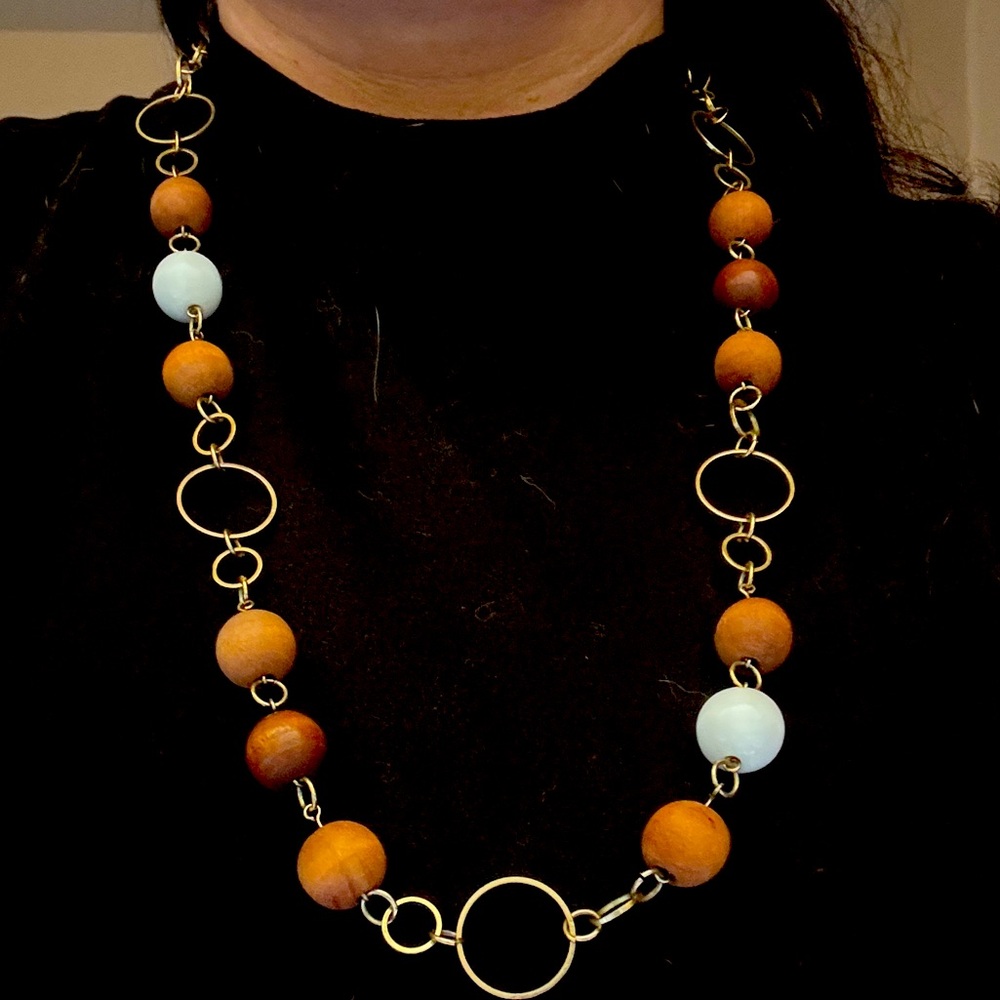 White and Brown Wooden Beaded Necklace with gold chain